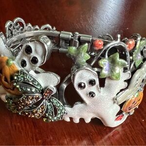 Kirks Folly Retired Halloween Ghost Cuff Bracelet/enamel, silver tone, crystals.